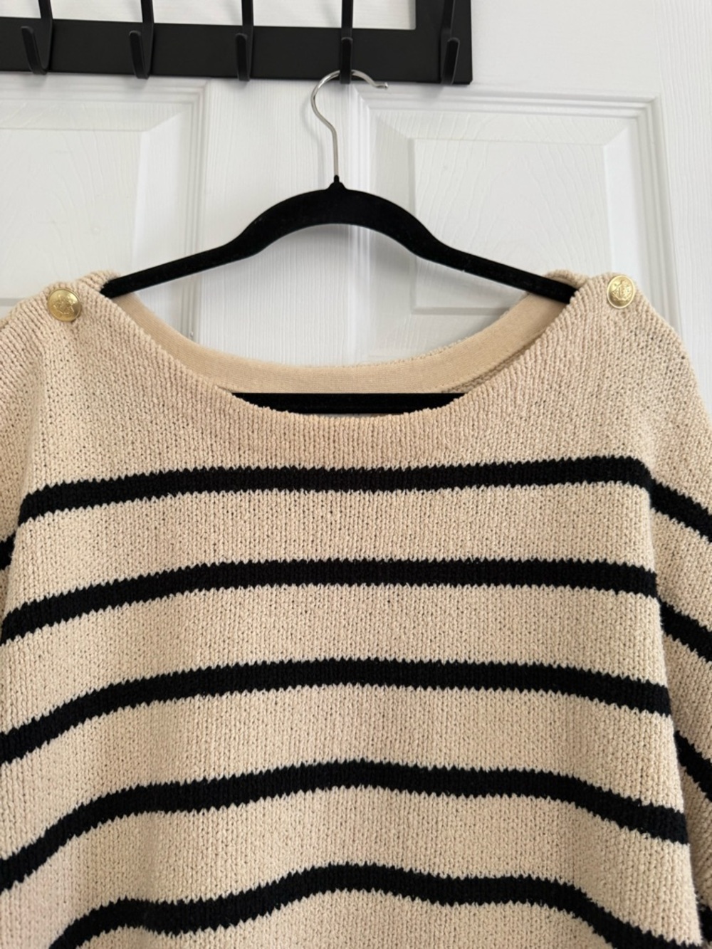 J. Crew Cream and Black Striped Boatneck Sweater with Gold Shoulder Buttons - 3X - Picture 2 of 15